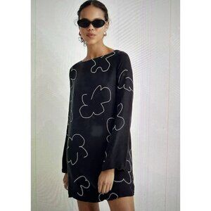 MADEWELL Erika Cupro Shift Mini Dress Long Bell Sleeve Black Patterned Size M